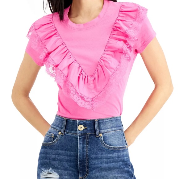 INC International Concepts Tops - Women's Lace-Ruffle T-Shirt (Small, Bright Peony) INC International Concepts New